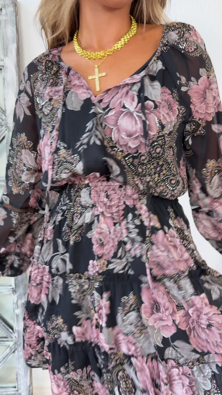 Pretty Floral Mini Dress, Black/Dusty Rose