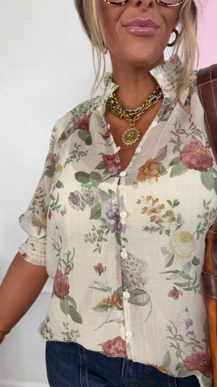 Puff Sleeve Button Down Top, Ivory/Rosewood