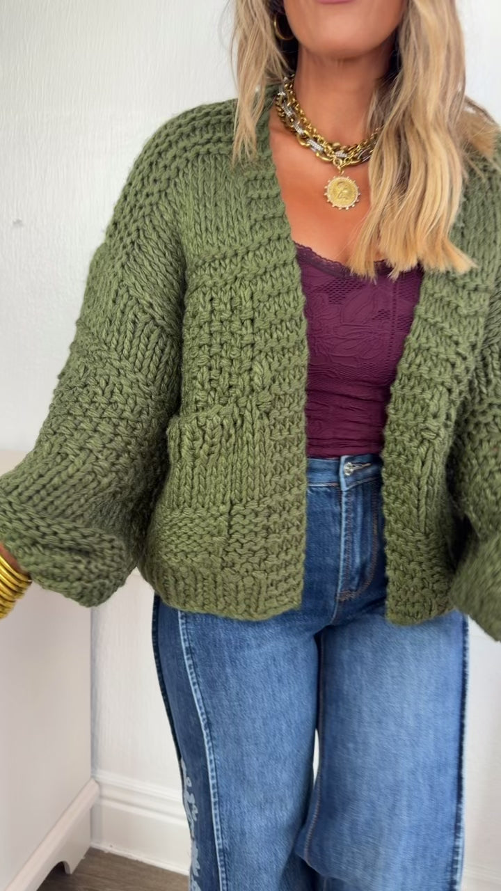 Thick Knit Chunky Cardigan, Olive Green