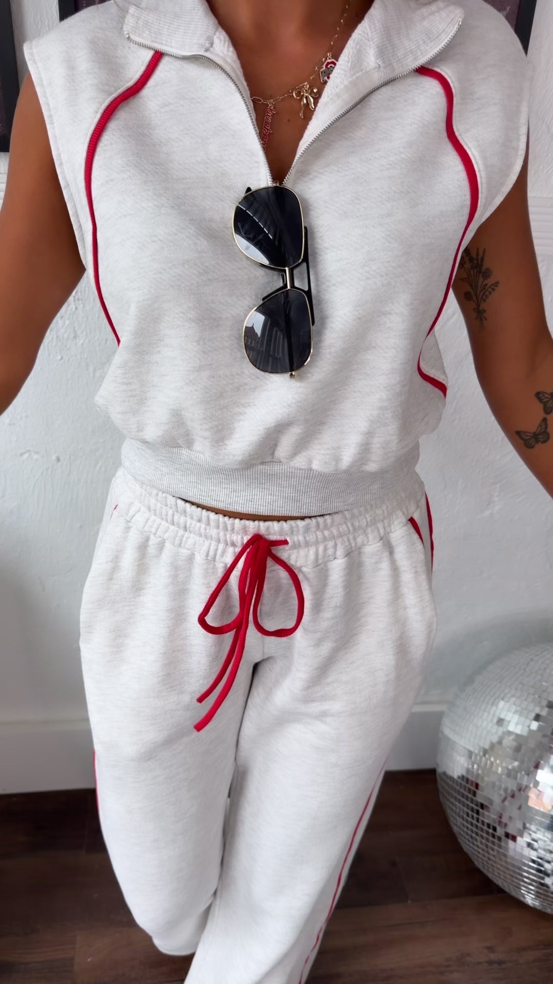 Retro Track Half Zip Top, Ash Grey/Red