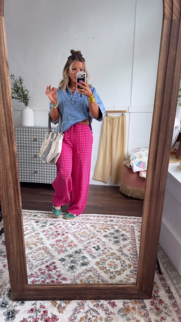 Gingham Print Drawstring Pants, Fuchsia Multi