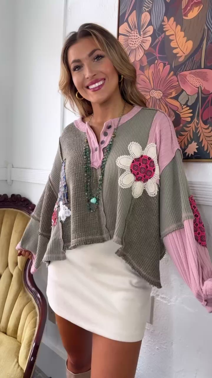 Sweet Impression Patchwork Long Sleeve Top, Olive Multi