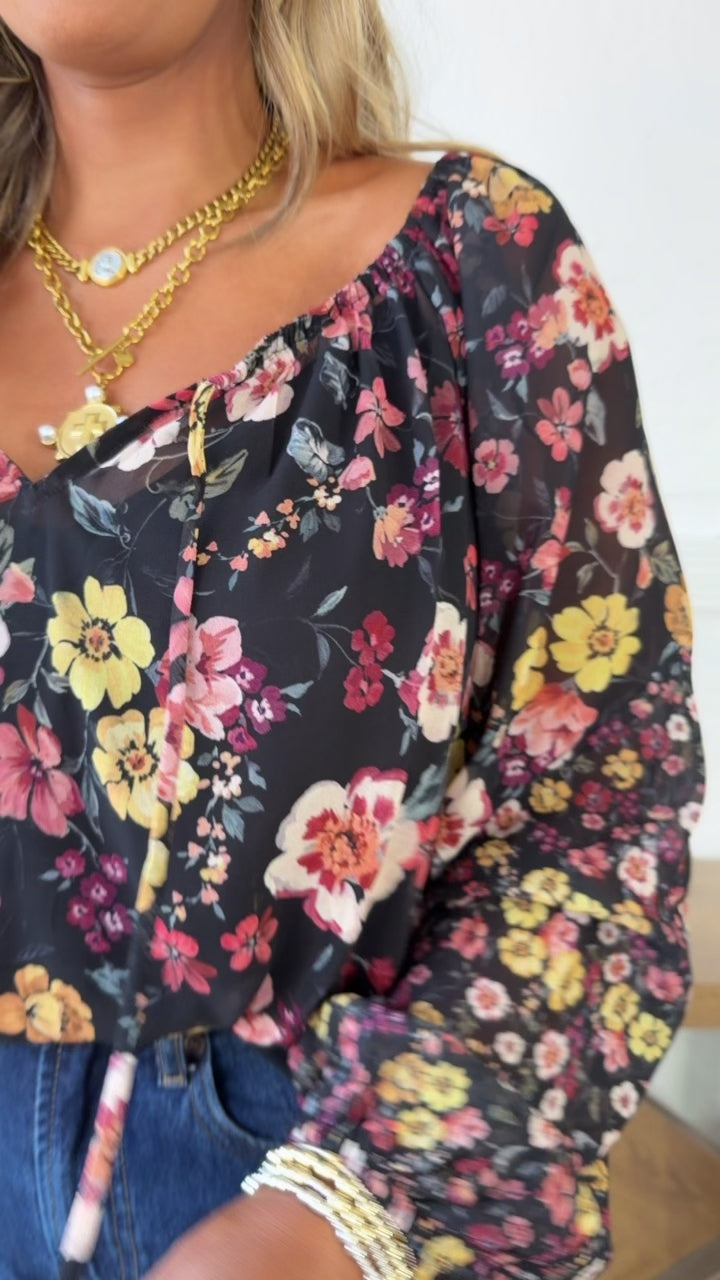Neck Tie Floral Blouse, Rust/Black