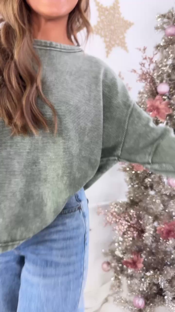 DOORBUSTER: Acid Washed Ribbed Cropped Pullover, DK Olive