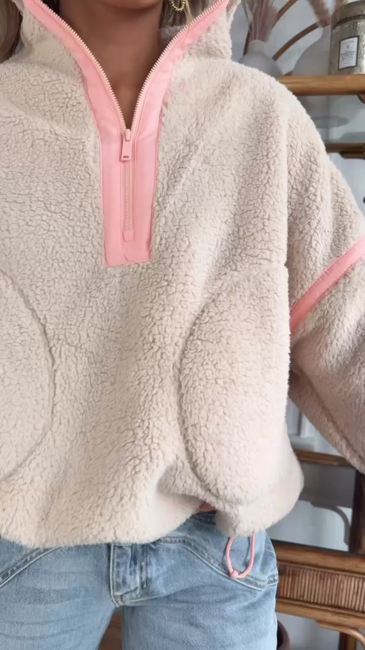 The Summit Quarter Zip Sherpa, Taupe/Coral