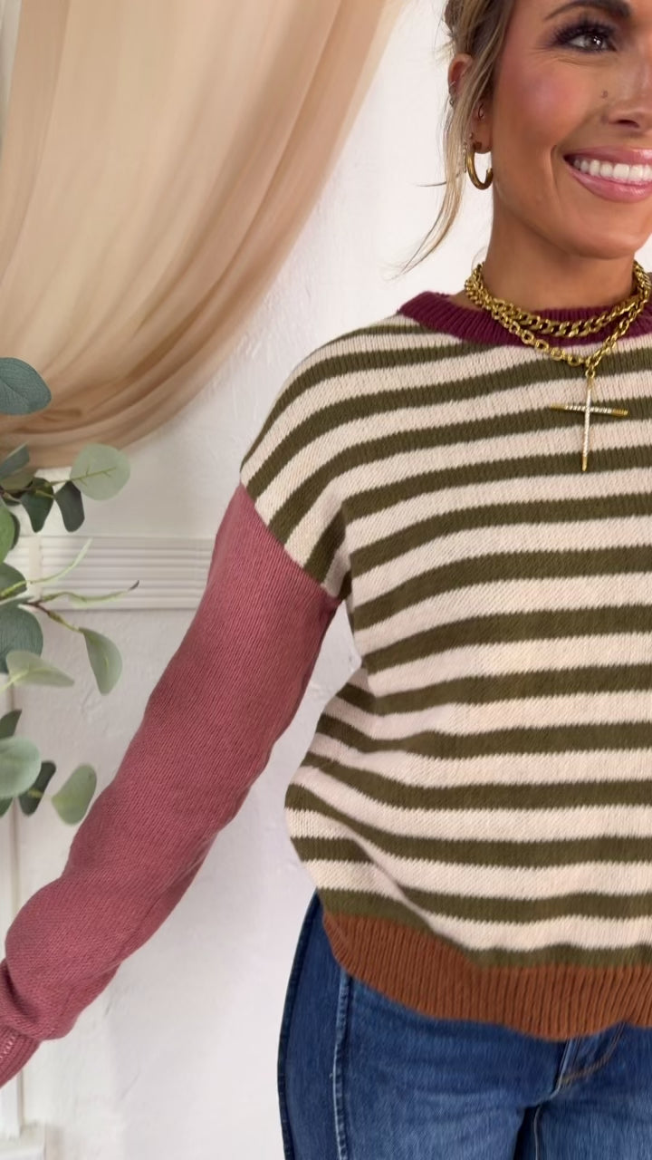 Colorblock Striped Sweater, Olive