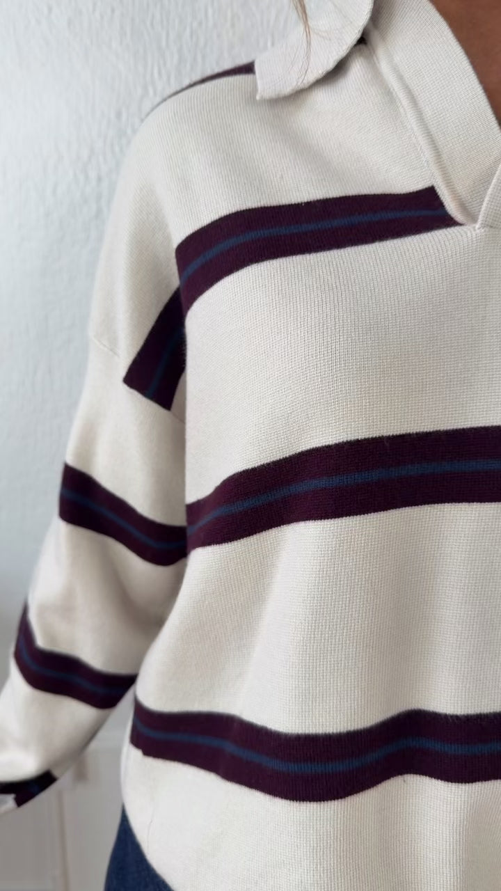 The University Collared Pullover, Ecru Stripe