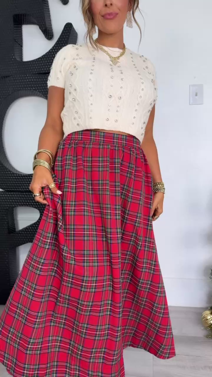Holiday Plaid Midi Skirt, Red