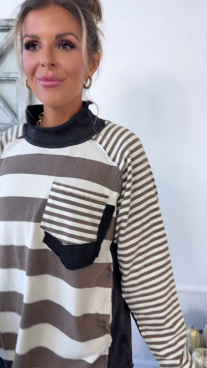Stripe Pocket Mock Neck, Black/Cream