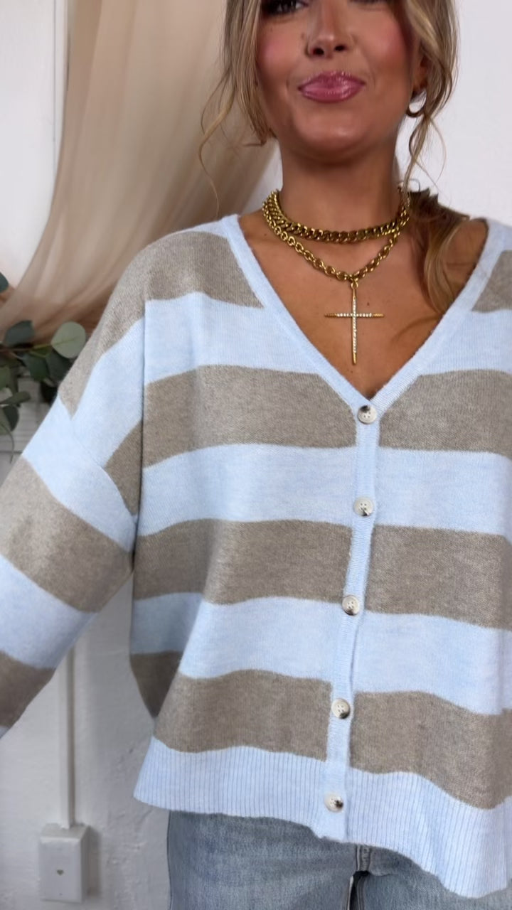 V-Neck Stripe Cardigan, Stone/Sky