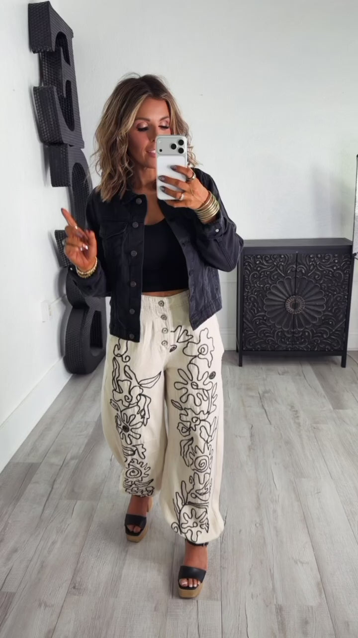 For The Love Of Floral Embroidered Denim Jogger, Oatmilk