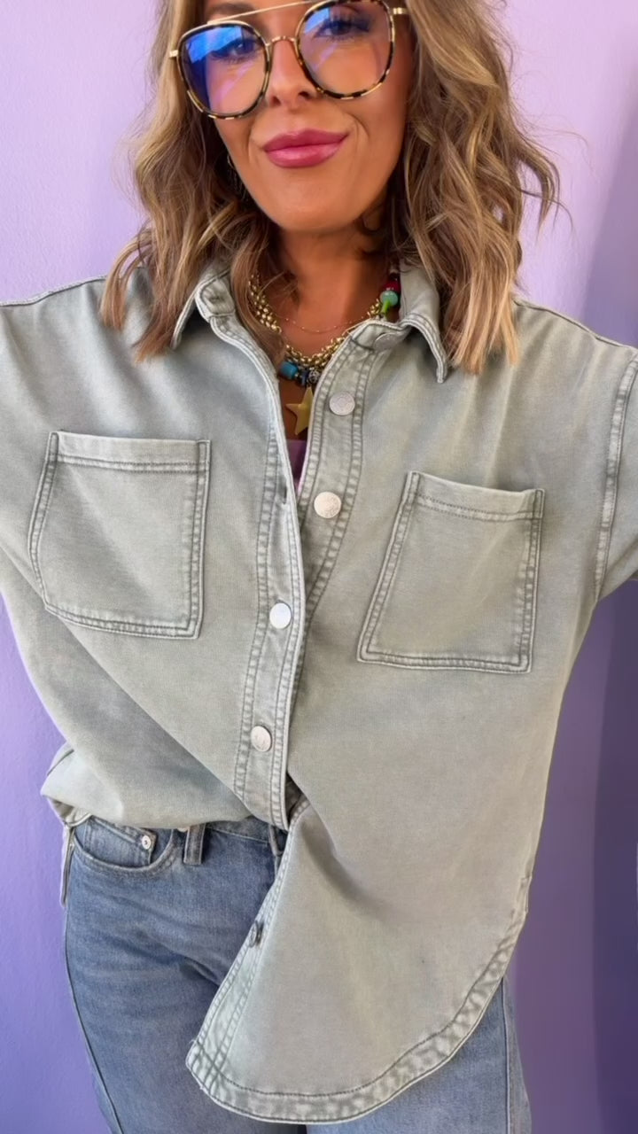 Washed Oversized Shacket, Sage