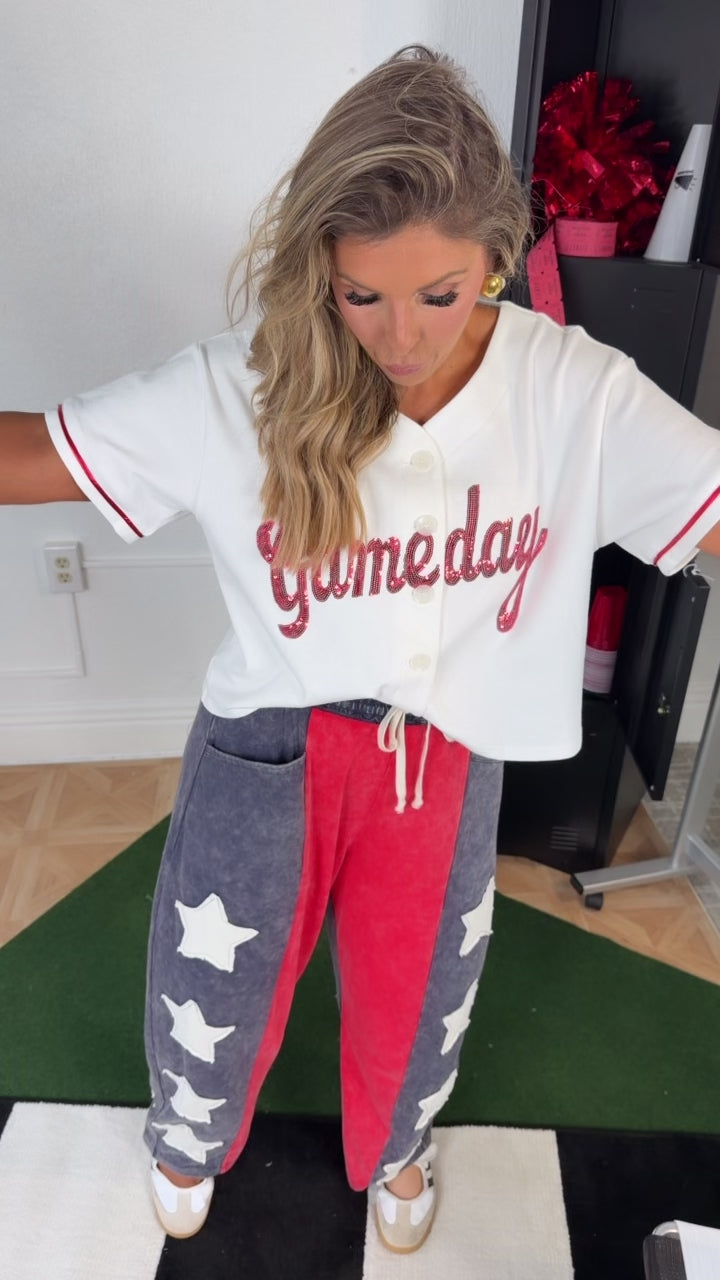Game Day Button Up Baseball Jersey, White/ Red