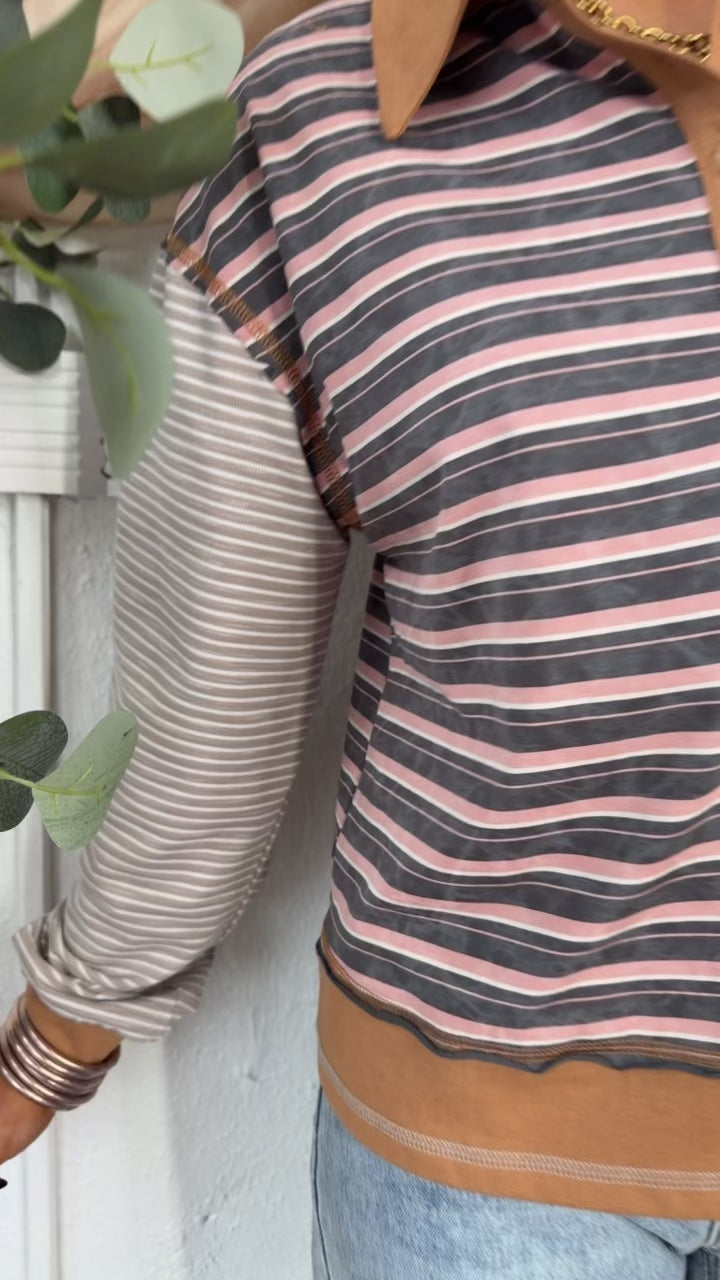 Multi Stripe Pullover, Camel/Dusty Pink Mix