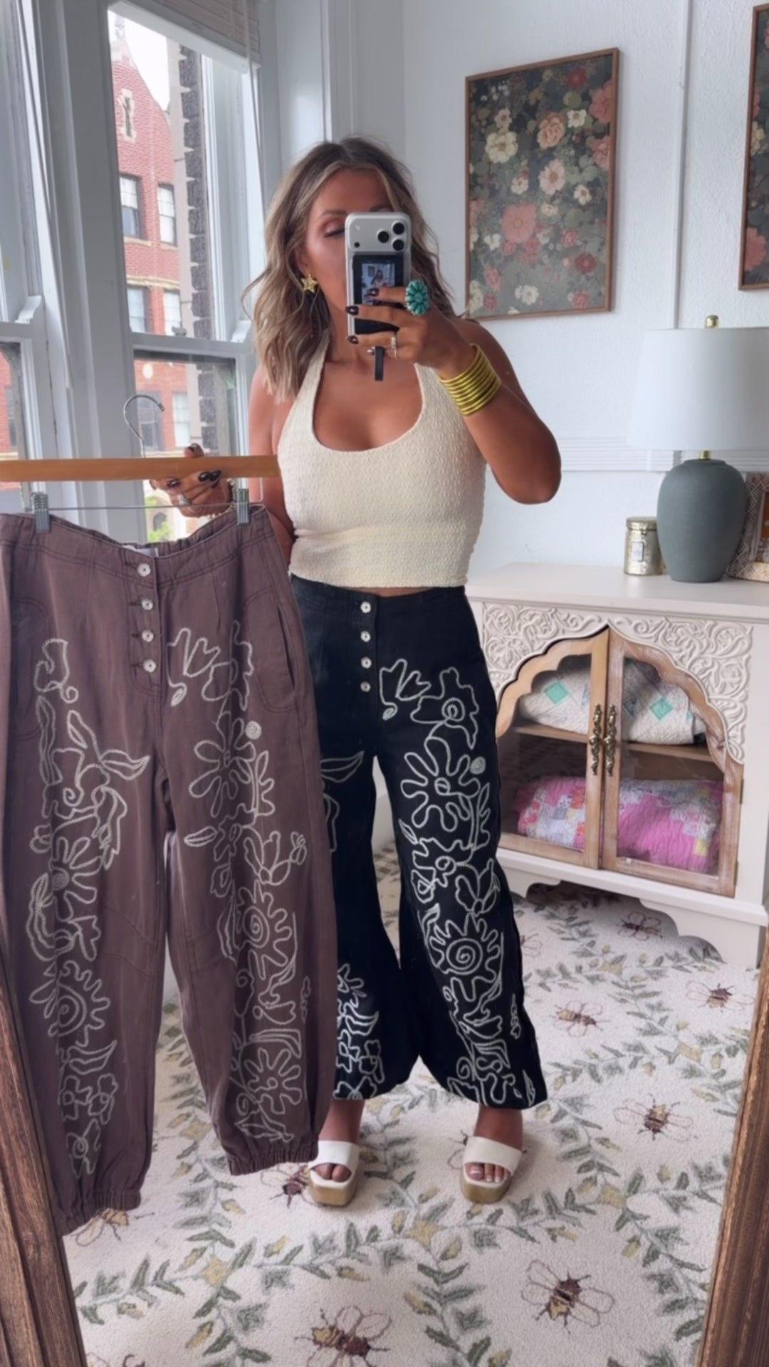 For The Love Of Floral Embroidered Denim Jogger, Black