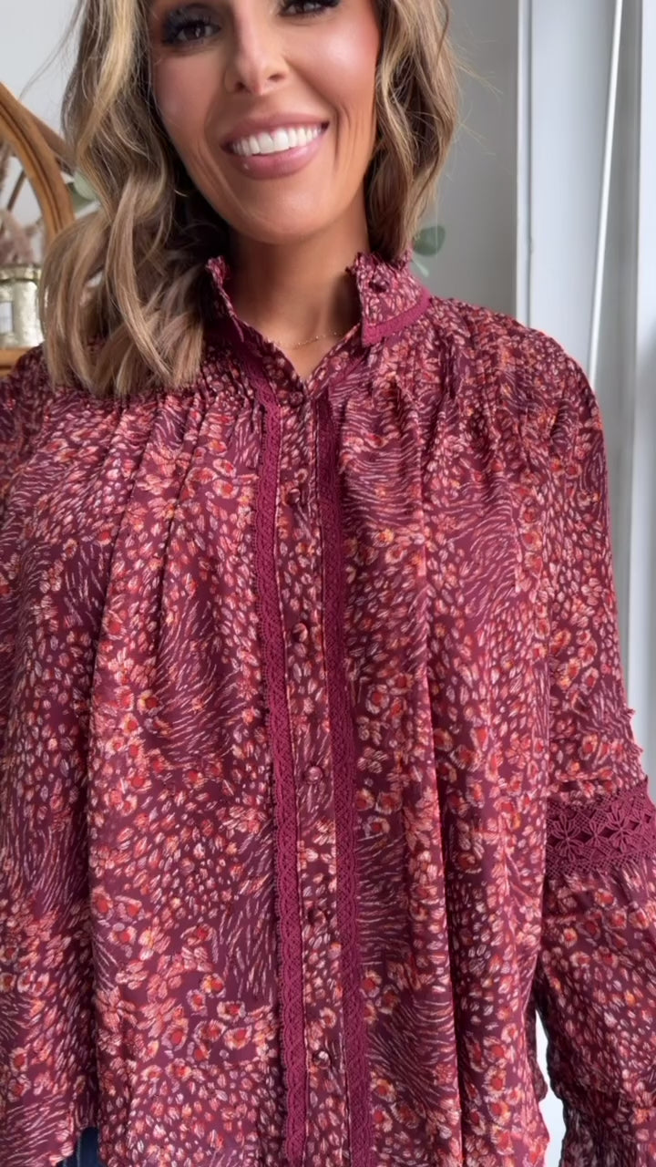 Evelora Floral Printed Blouse, Deep Burgundy