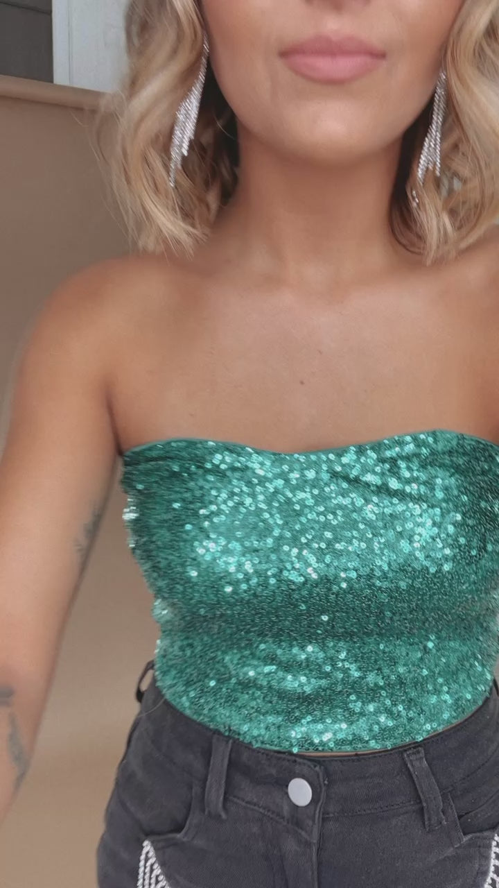 More or Less Sequin Tube Top, Emerald