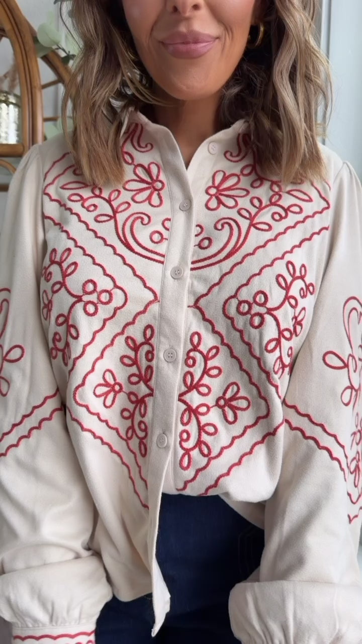 Prairie Bound Suede Button Up, Ecru/Rust