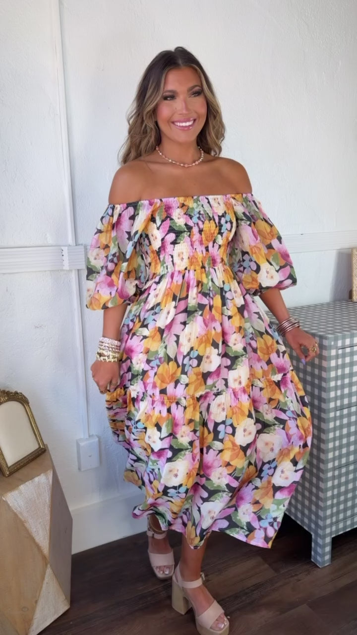 havana ruffle midi dress Havana Bloom Smocked Dress, Black Multi – Everyday Chic Boutique