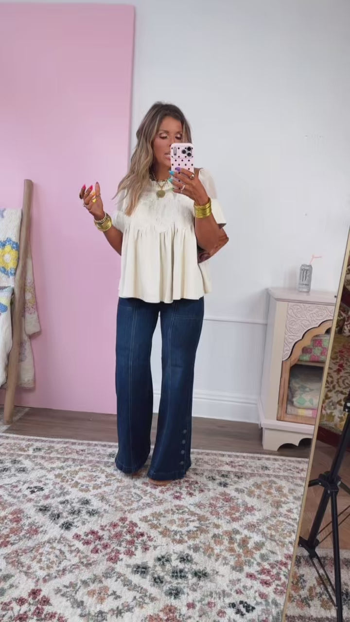Kai Wide Leg Button Slit Denim, Dark