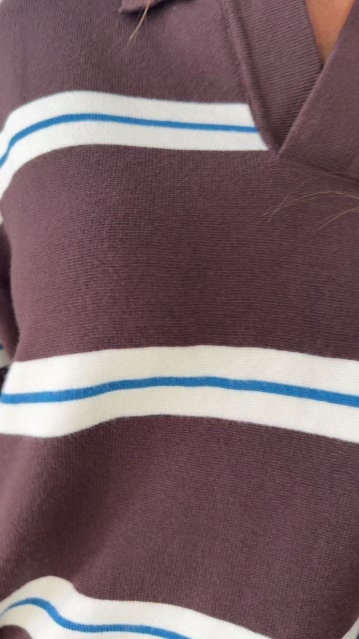 The University Collared Pullover, Chocolate Stripe