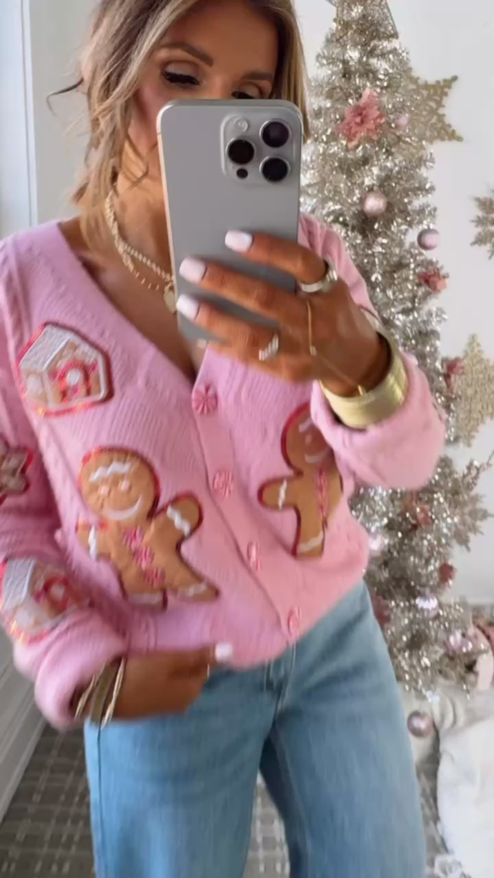 Holiday Gingerbread Man Cardi, Pink