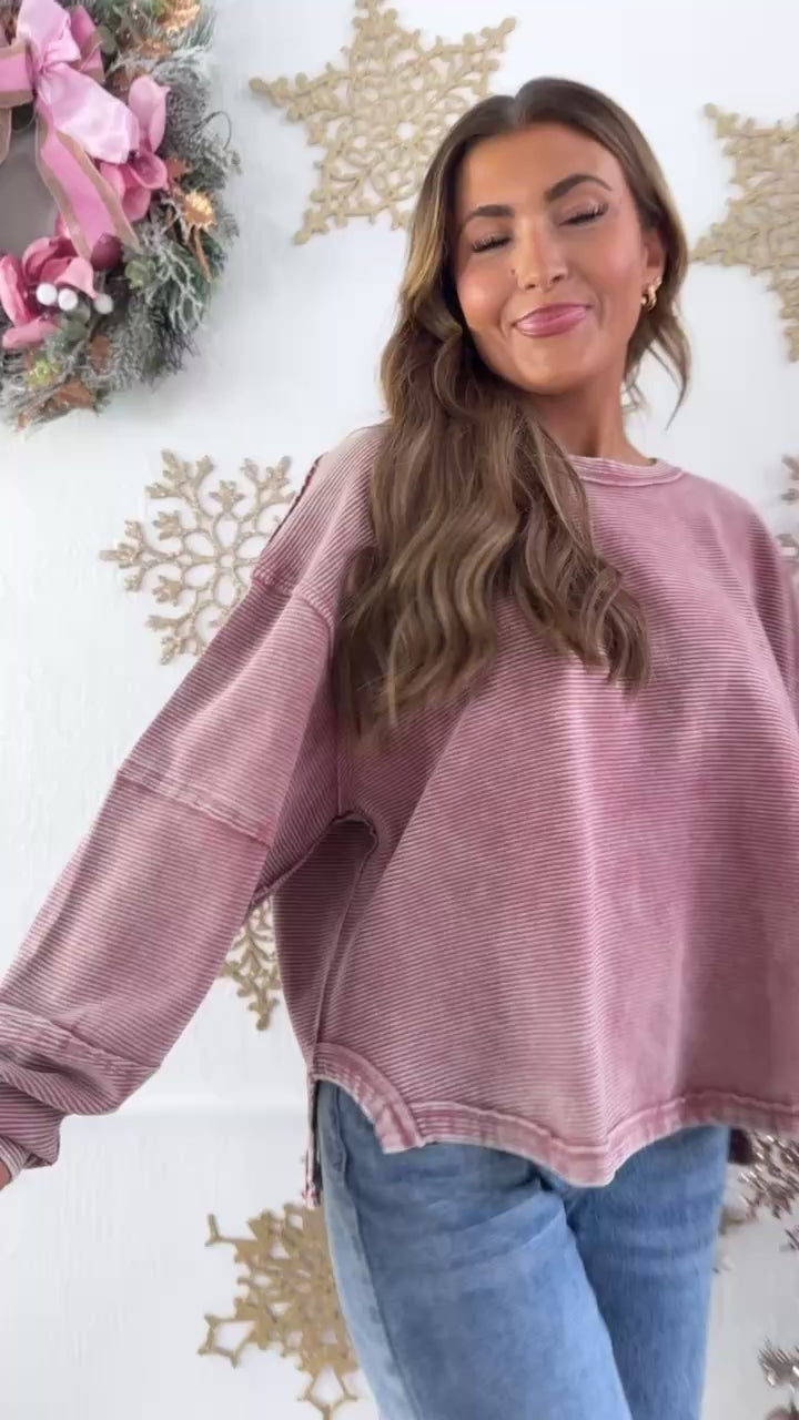 DOORBUSTER: Acid Washed Ribbed Cropped Pullover, Winter Rose