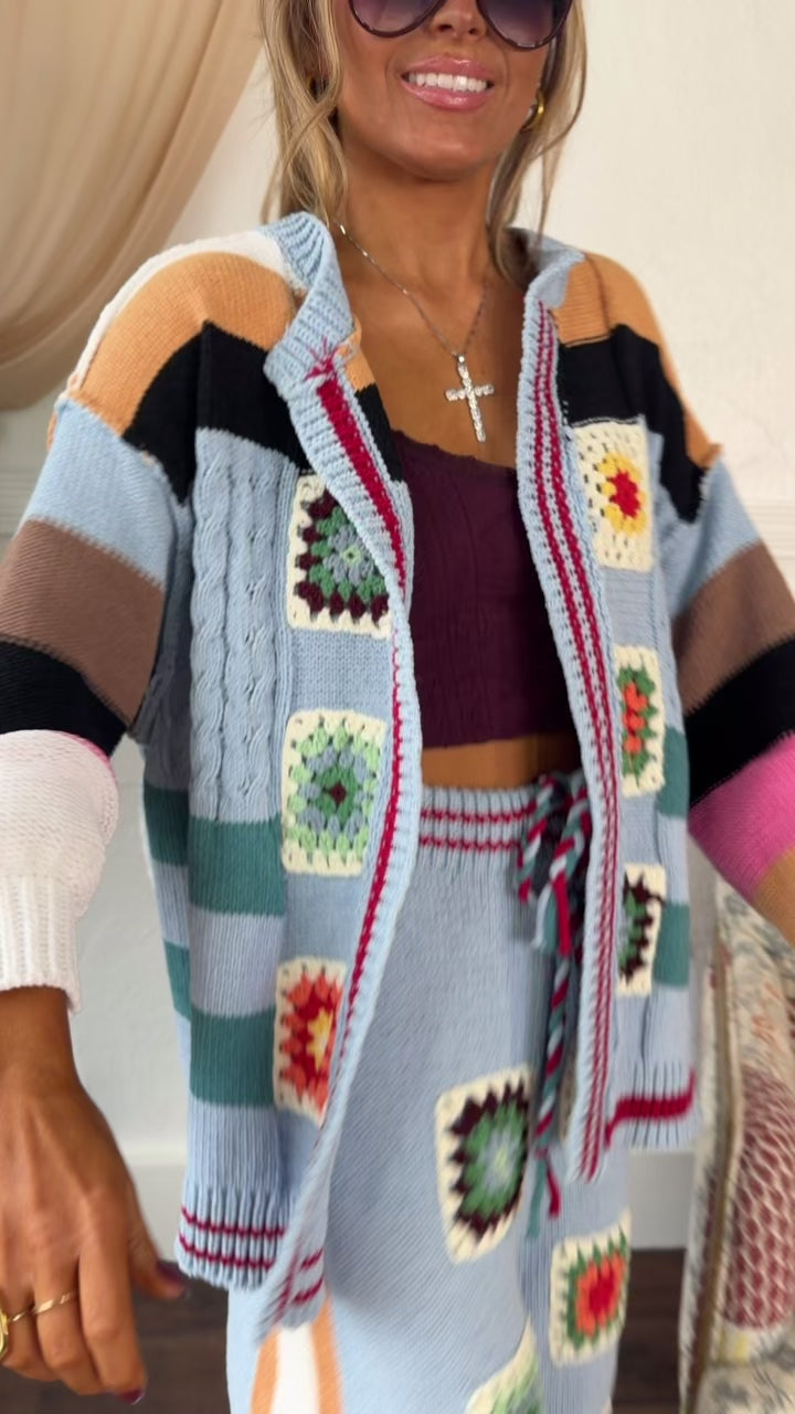 Sophie Color Block Granny Squares Cardigan, Blue Multi
