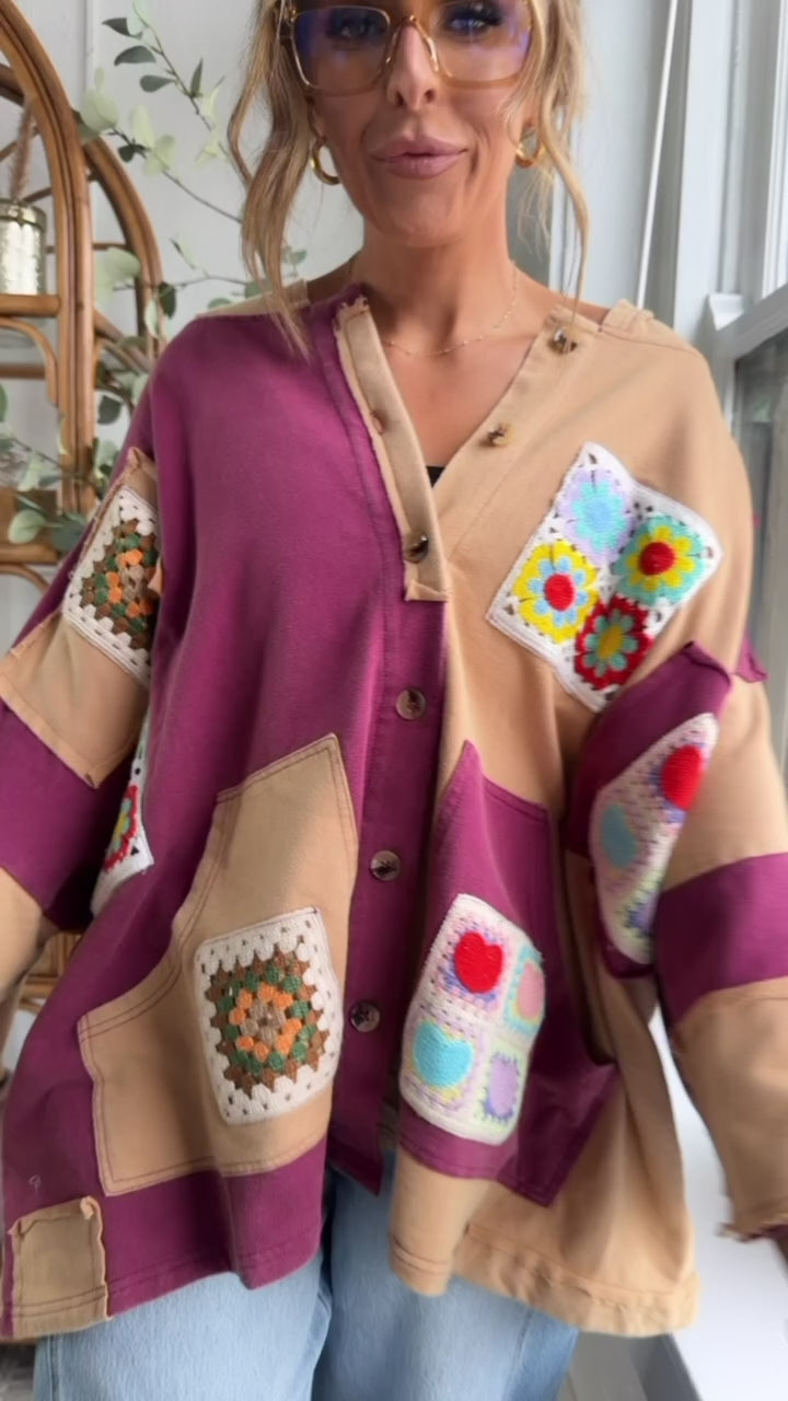 Patchwork Muse Button Up, Wine/Multi