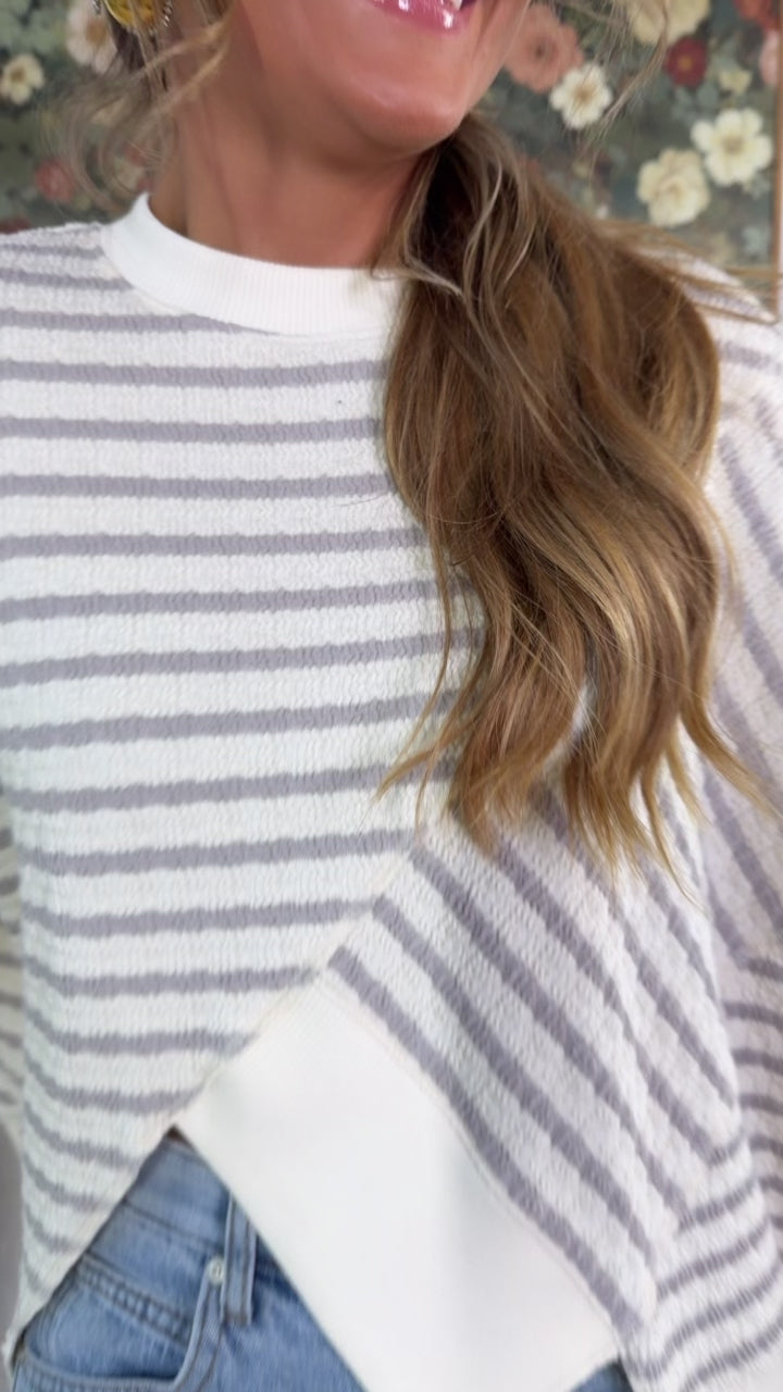 Striped cropped Crewneck, Taupe/ Ivory