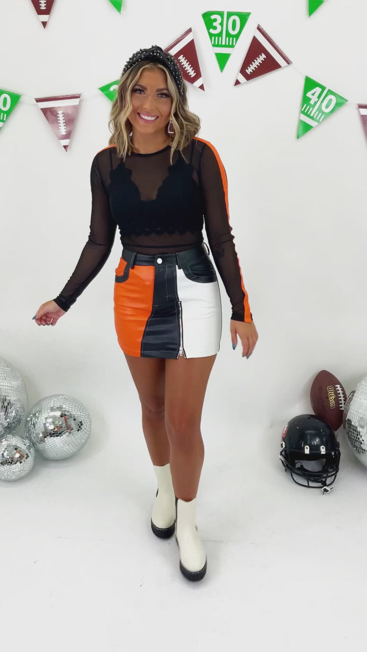 Game Day Leather Skirt, Orange/Black