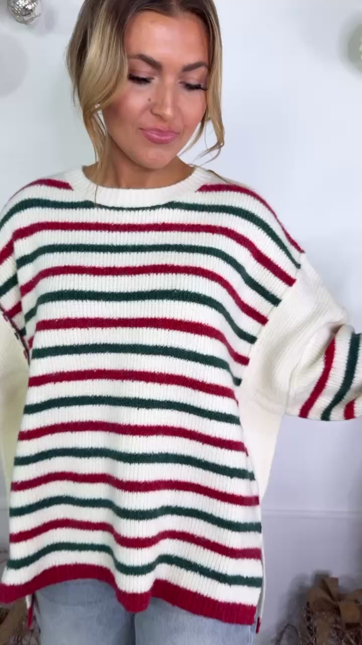 Tinsel Twist Sweater, Ivory/Red/Green