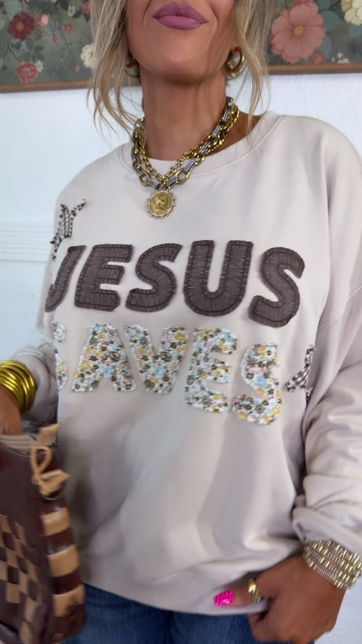 Patchwork Jesus Saves Crewneck, Latte