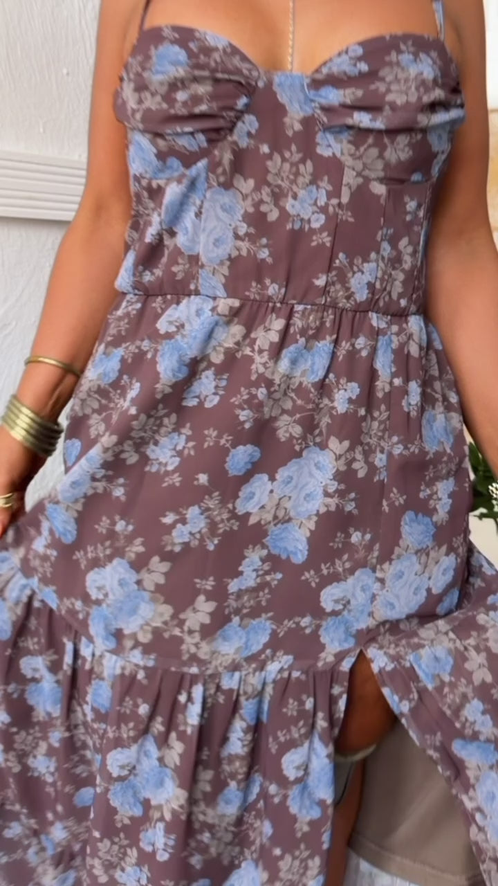 Mocha Mist Floral Print Maxi Dress, Brown Multi