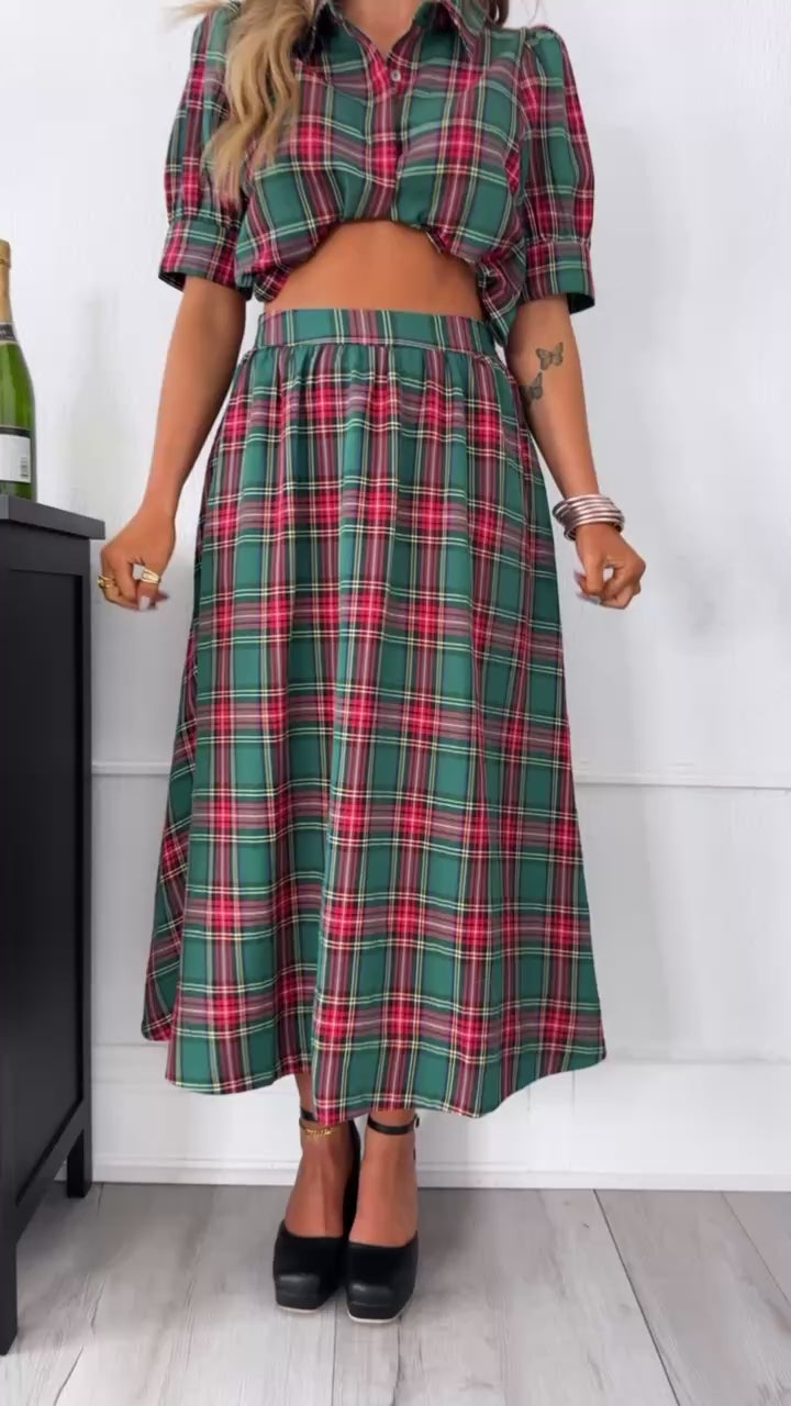 Holiday Plaid Midi Skirt, Green