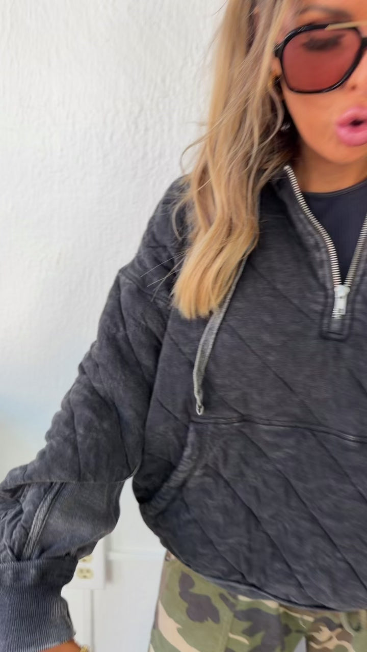 Quilted Zip Up Hoodie, Black