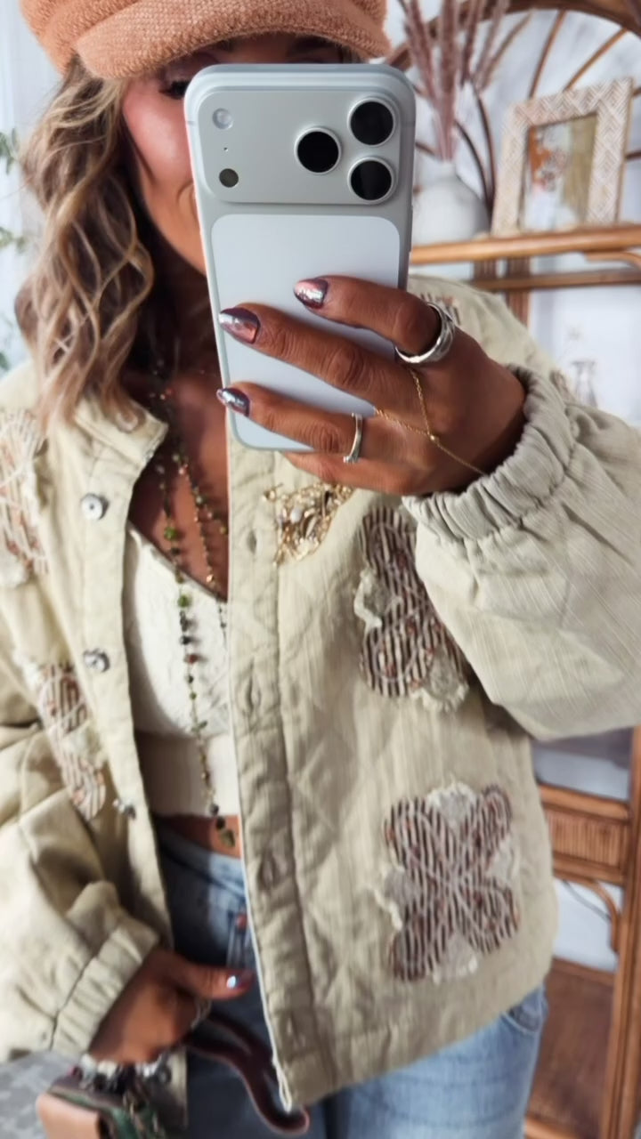 Wilted Flower Quilted Jacket, Taupe Beige