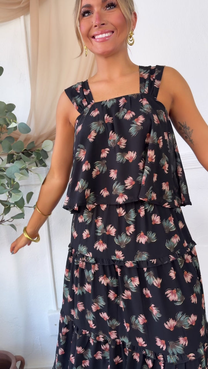 Floral Print Square Neck Top, Black Multi