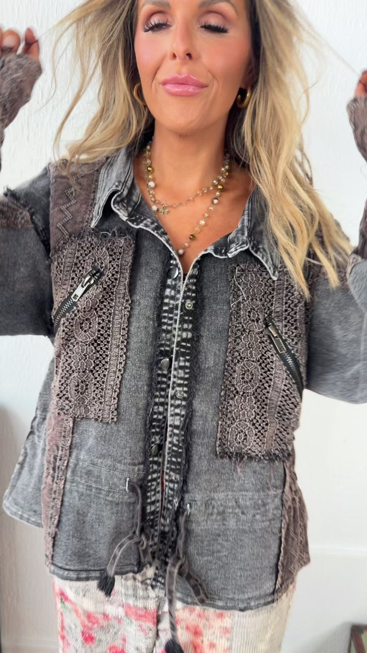 Washed Lace Utility Jacket, Black