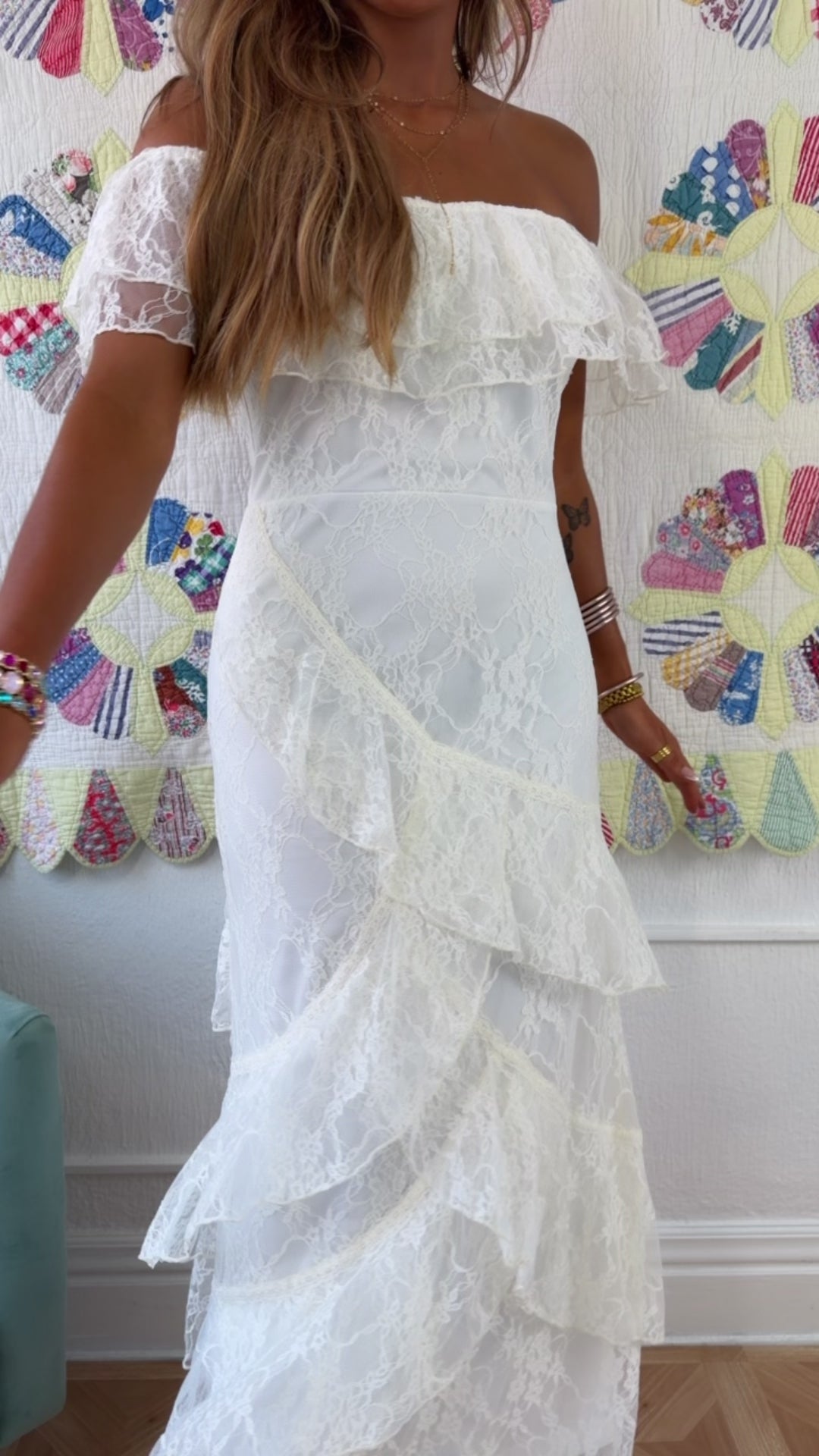 Eleanor Ruffle Lace Dress, Ivory