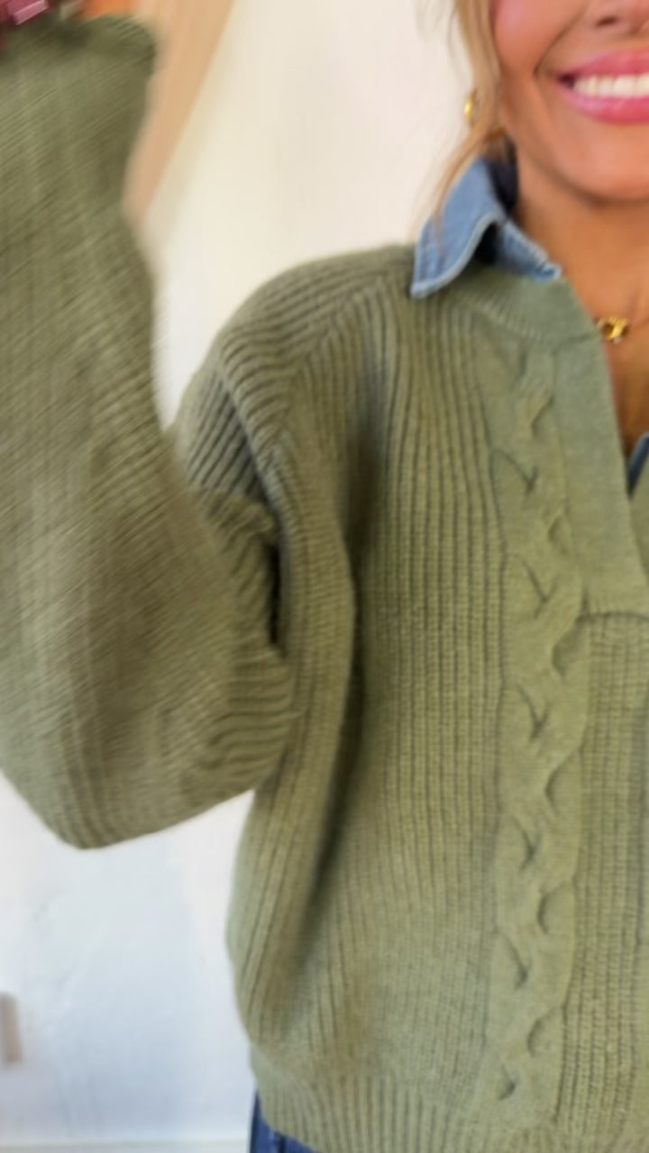 Denim Lined Sweater, Olive