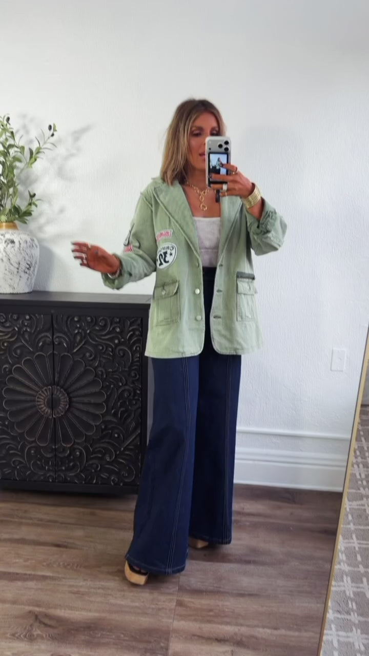 Vintage Patched Military Blazer, Powder Matcha