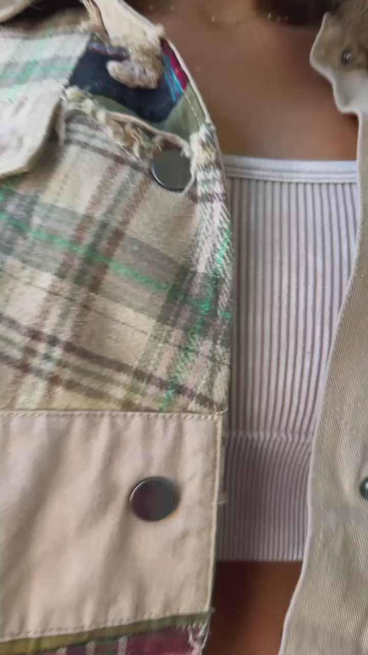 Care Free Plaid Patch Button Down Jacket, Khaki