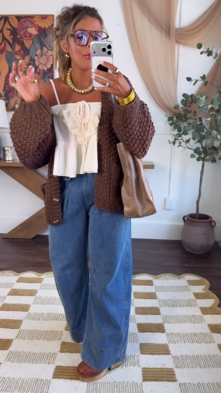 Slouchy Knit Button Cardigan, Mocha