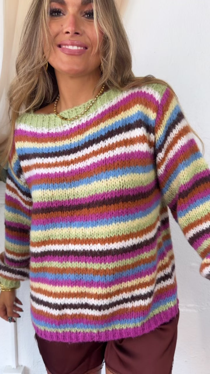 Stripe Boat Neck Sweater, Lime/Magenta