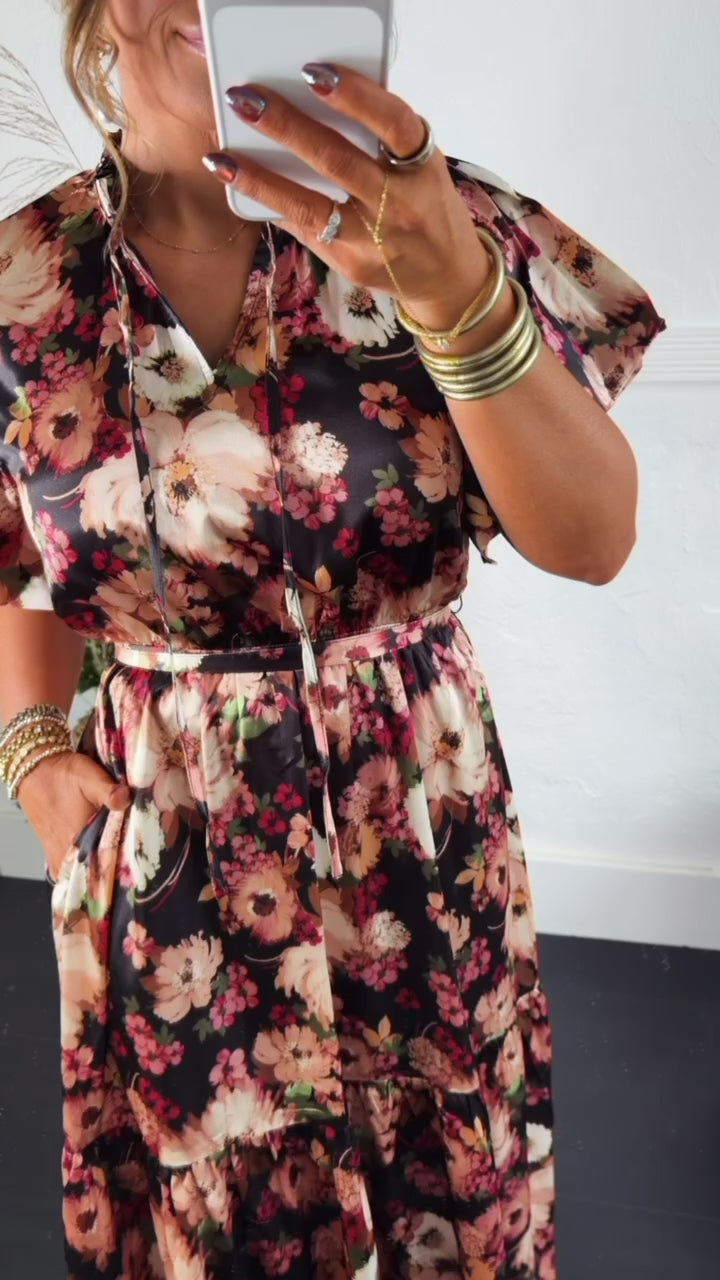 Dusky Petal Midi Dress, Black Multi