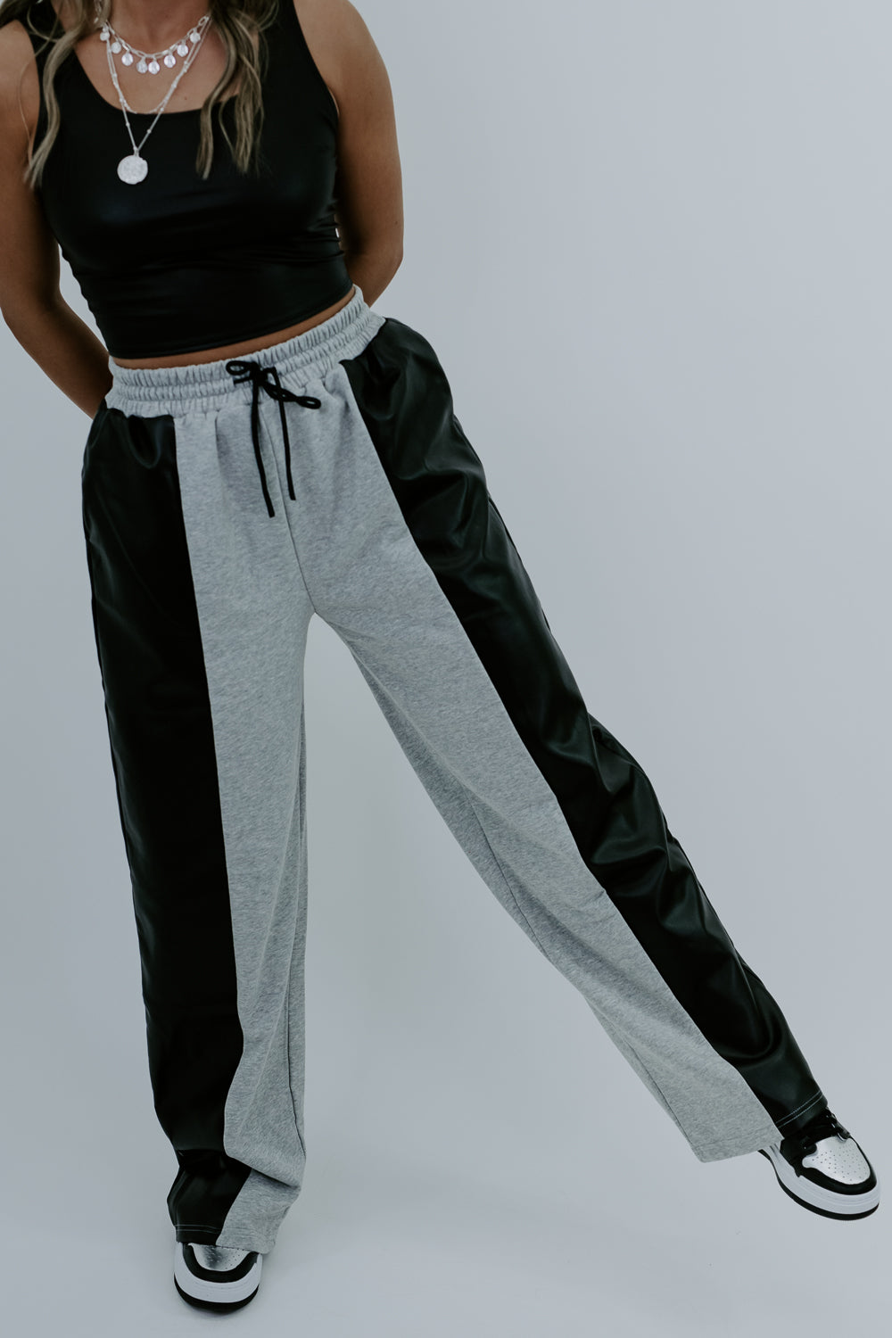 Edgiest Leather Split Sweatpants, Grey/Black