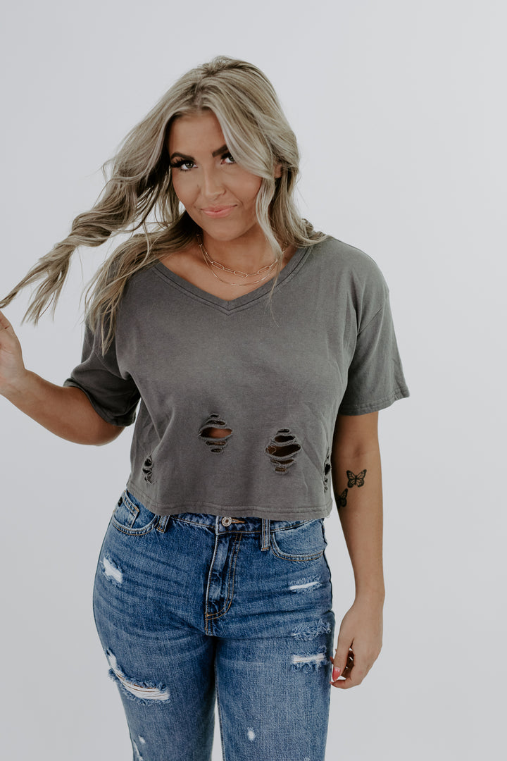 Daily Distressed Cropped Tee , Charcoal