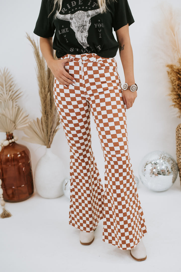 Charming In Checkered Flare Pant, Rust/ Brown