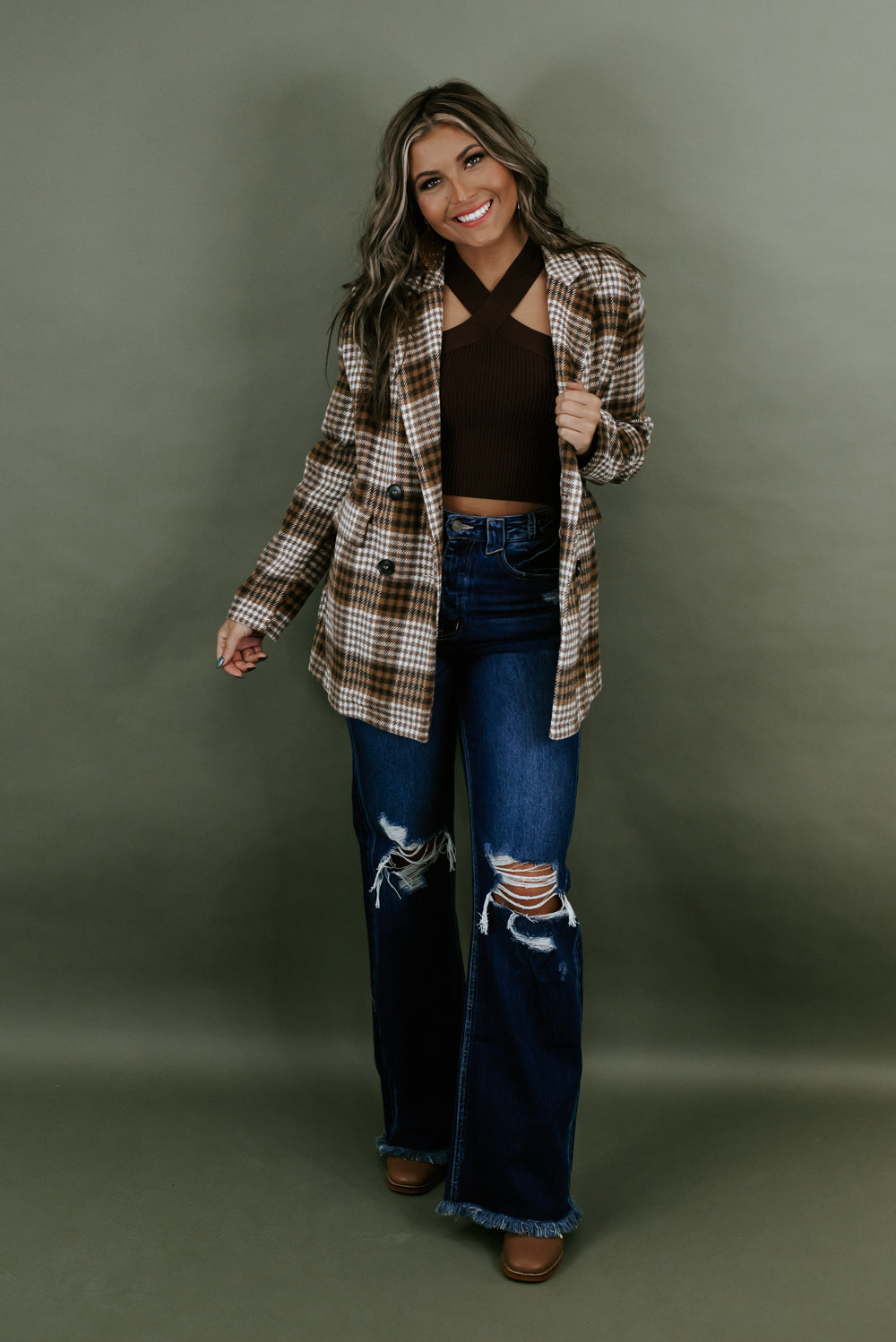 So Chic Plaid Blazer , Brown